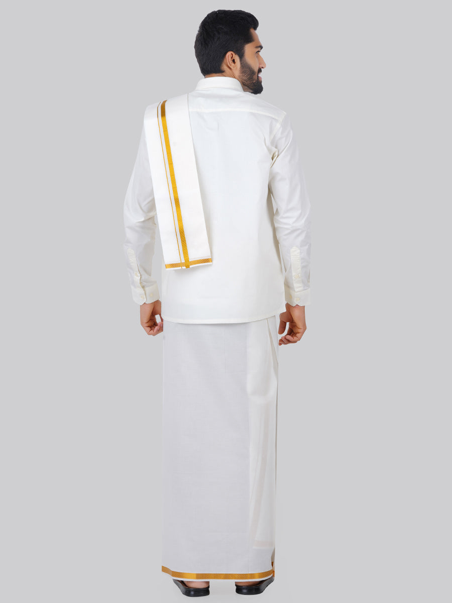 Mens Cream Full Sleeves Shirt 1/2" Gold Jari Single Dhoti+Towel Combo-Back view