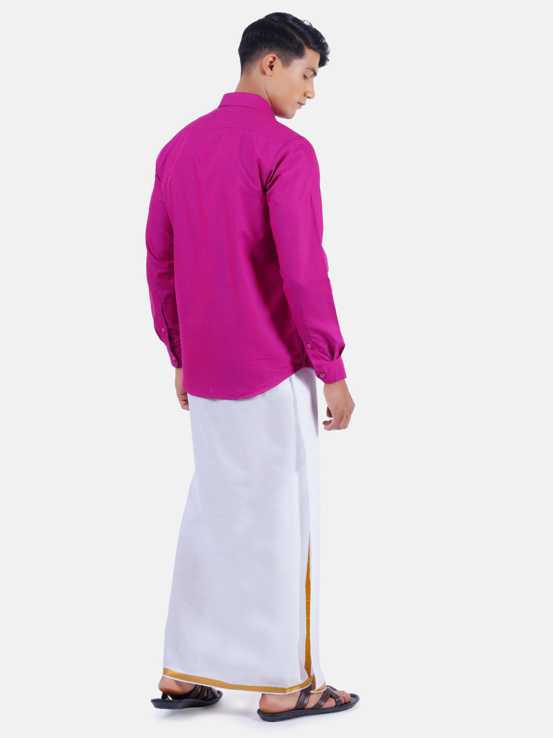 Mens Cotton Full Sleeves Shirt with 3/4'' Gold Jari Dhoti Combo-Back view