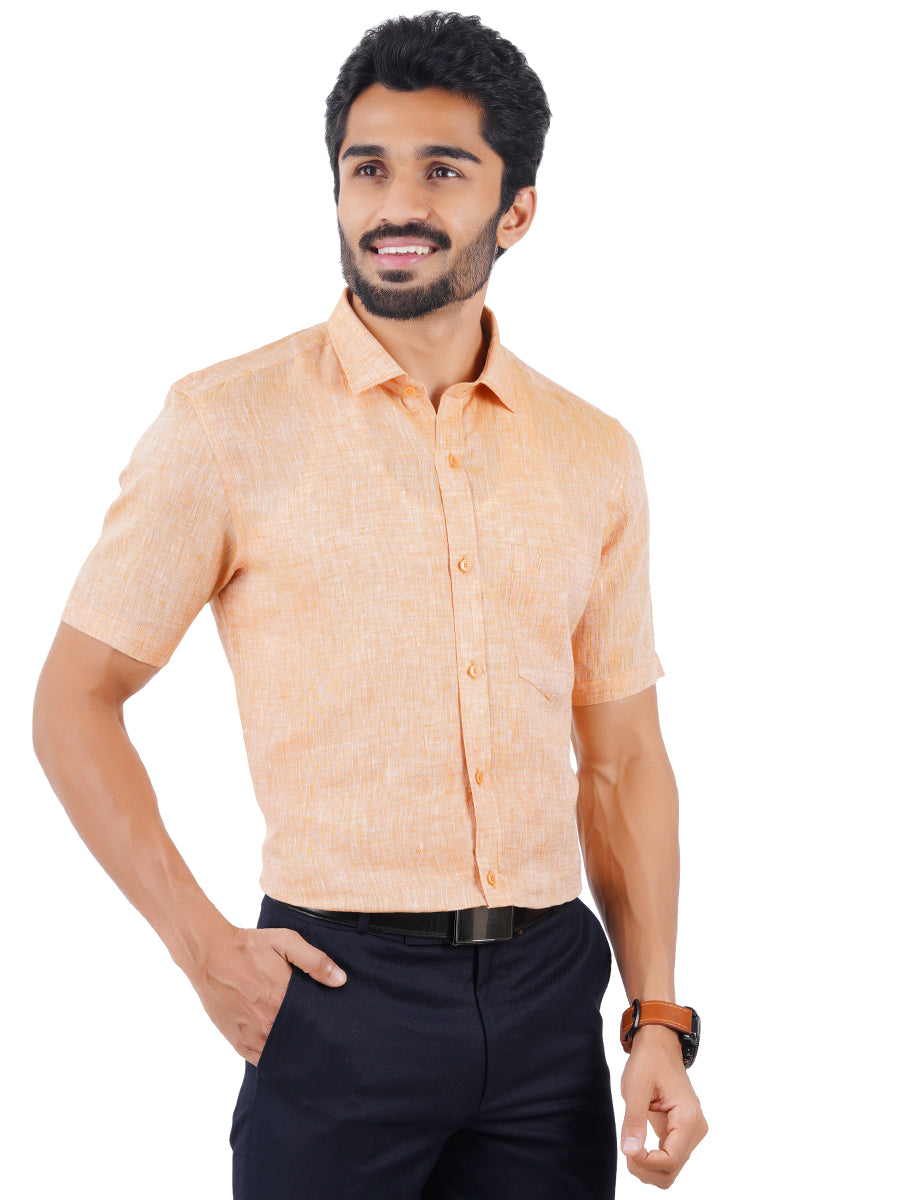 Mens Pure Linen Half Sleeves Shirt Pale Orange-Front view
