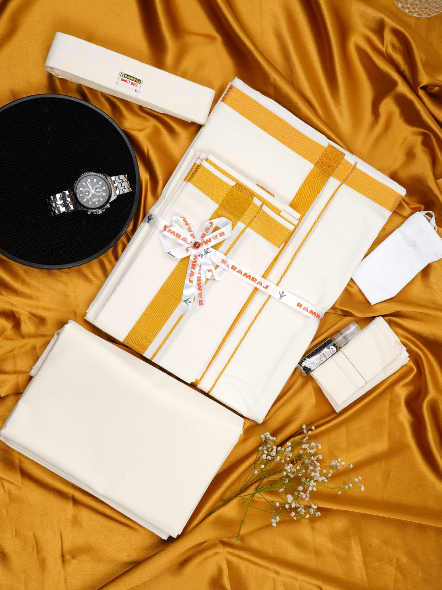 Mens Premium Wedding Cream Dhoti with shirt Bit & Towel Set-Full view