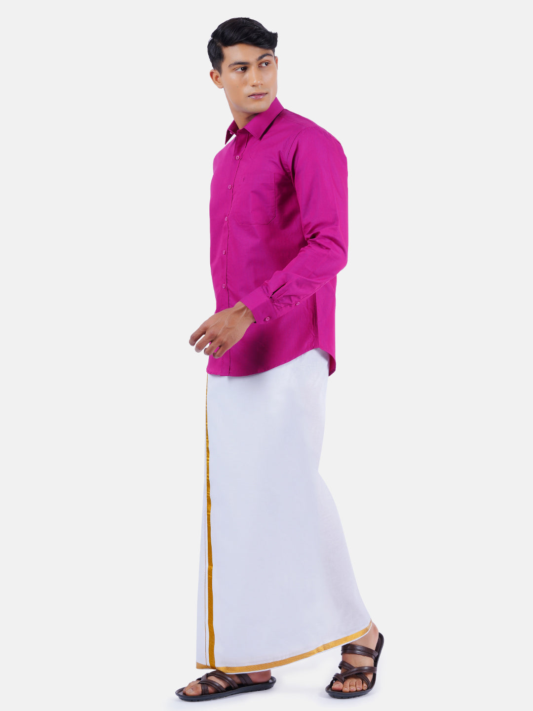 Mens Cotton Full Sleeves Shirt with 3/4'' Gold Jari Dhoti Combo-Sdie view