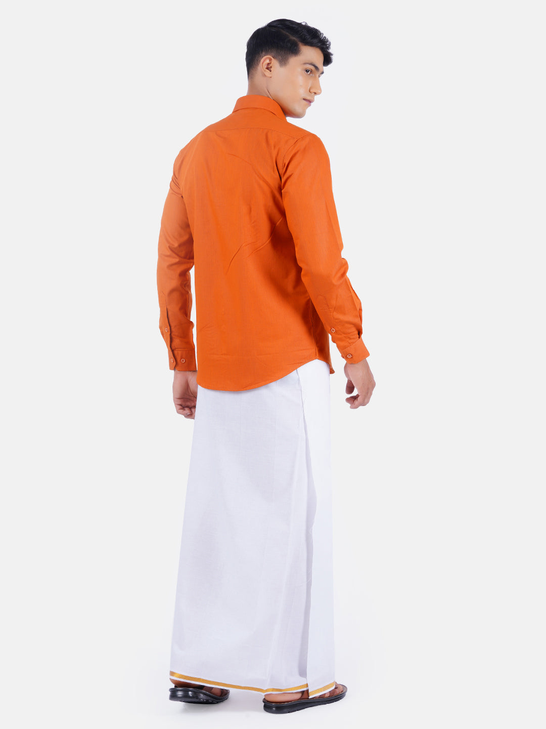 Mens Cotton Color Full Sleeves Shirt with 1/2'' Gold Jari Dhoti Combo-Back view