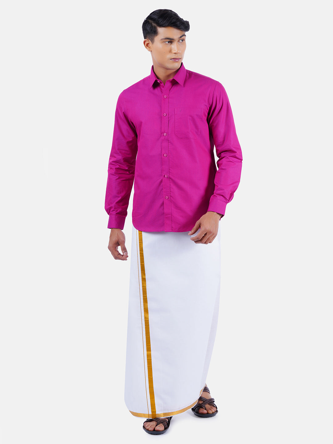 Mens Cotton Full Sleeves Shirt with 3/4'' Gold Jari Dhoti Combo