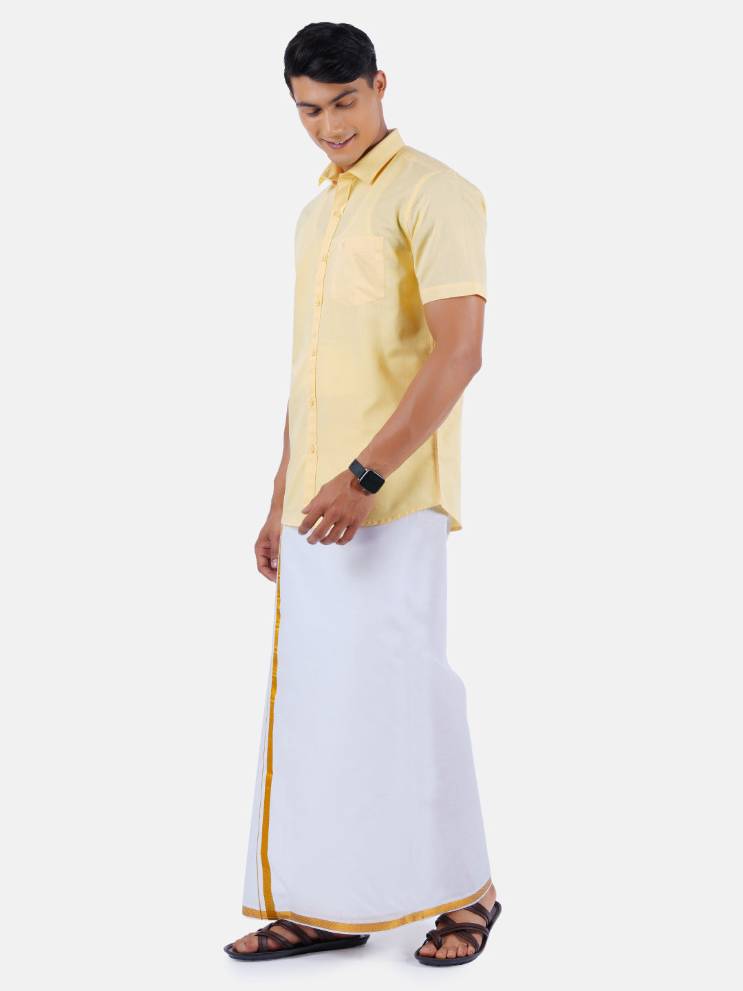 Mens Cotton Half Sleeves Shirt with 3/4'' Gold Jari Dhoti Combo-Sdie view