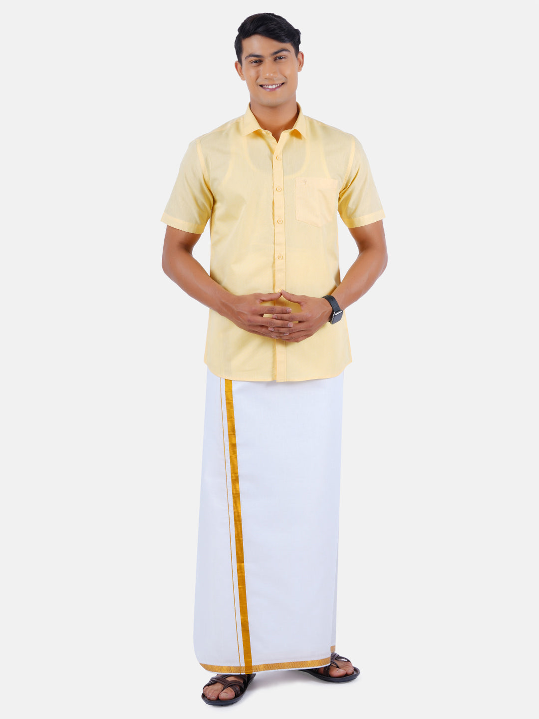 Mens Cotton Half Sleeves Shirt with 3/4'' Gold Jari Dhoti Combo