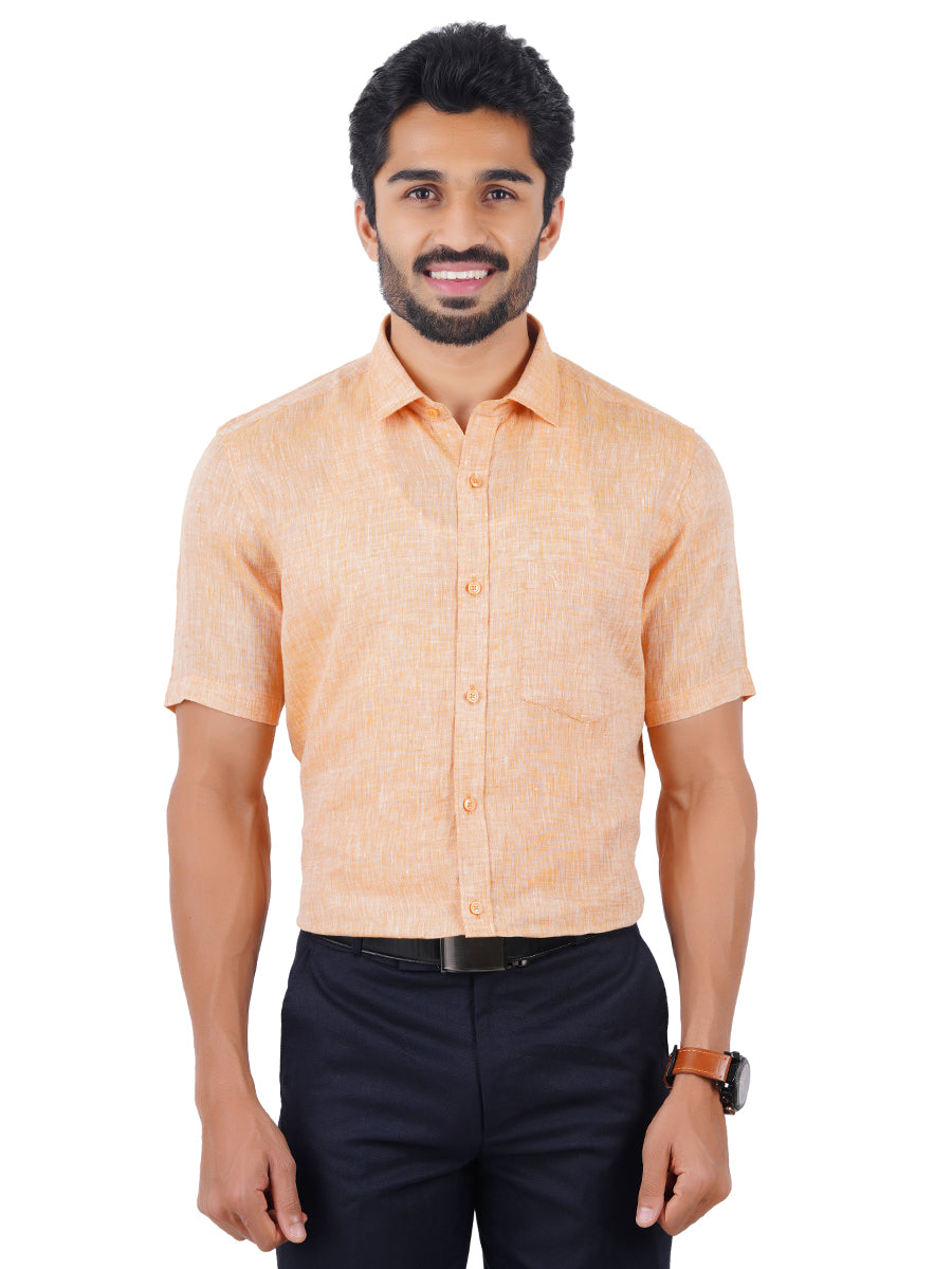 Mens Pure Linen Half Sleeves Shirt Pale Orange