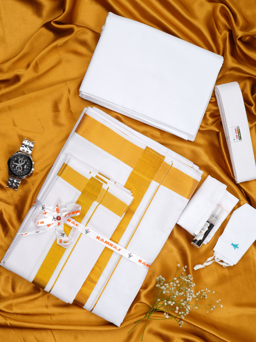 Mens Premium Wedding Cotton White Dhoti with shirt Bit & Towel Set-Ad vert