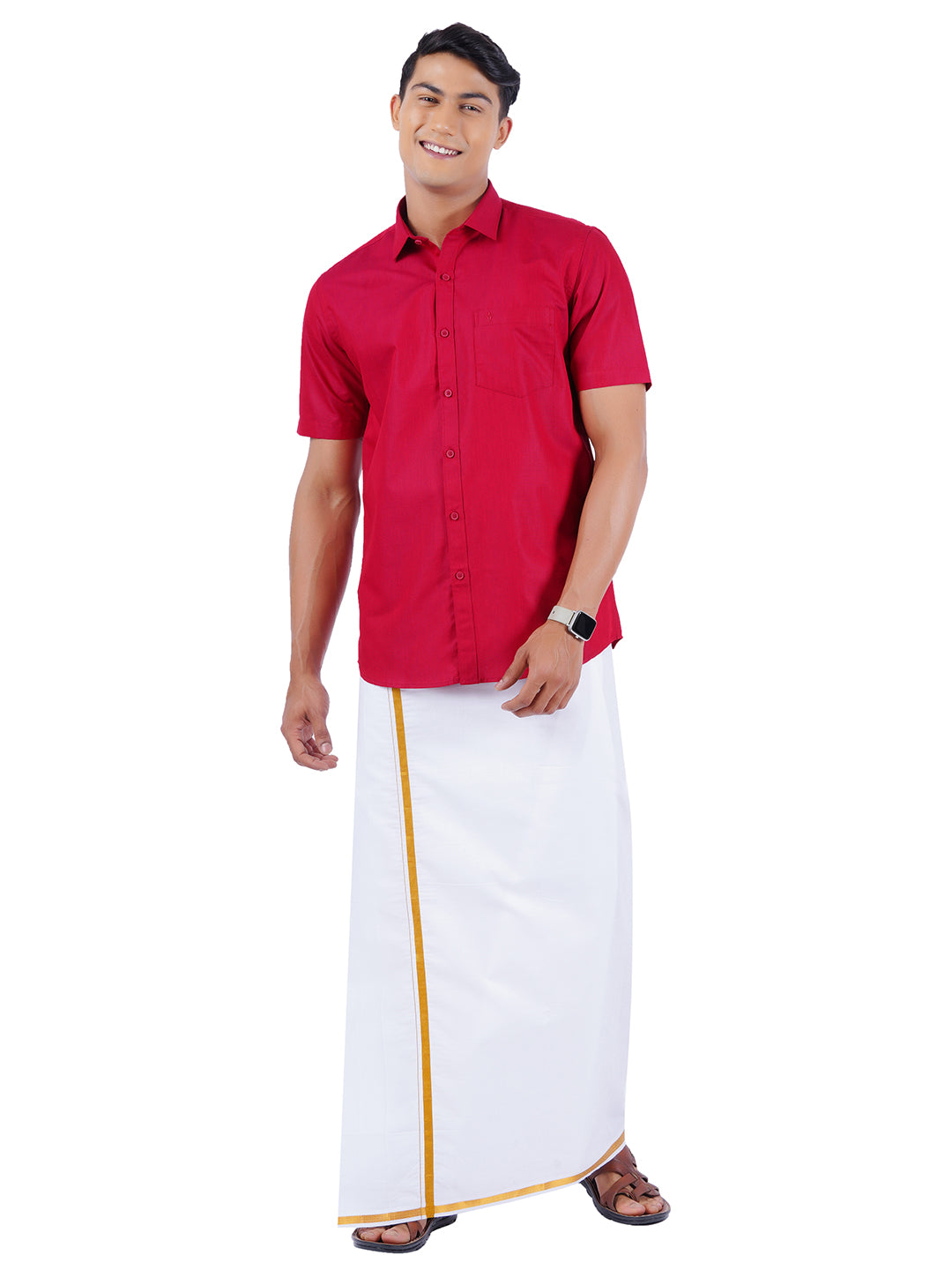 Mens Cotton Half Sleeves Shirt with 1/2'' Gold Jari Dhoti Combo