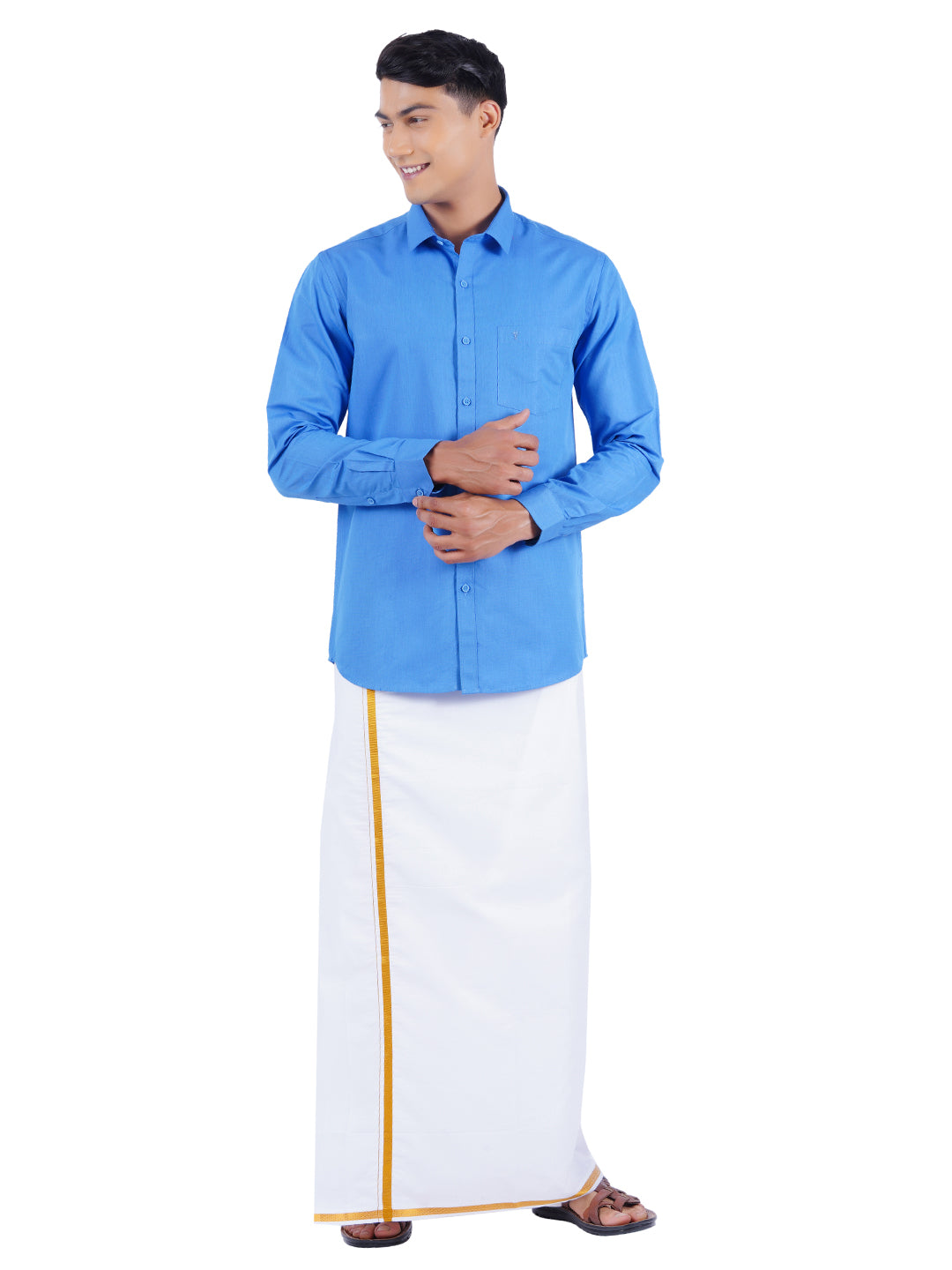 Mens Cotton Full Sleeves Shirt with 1/2'' Gold Jari Dhoti Combo