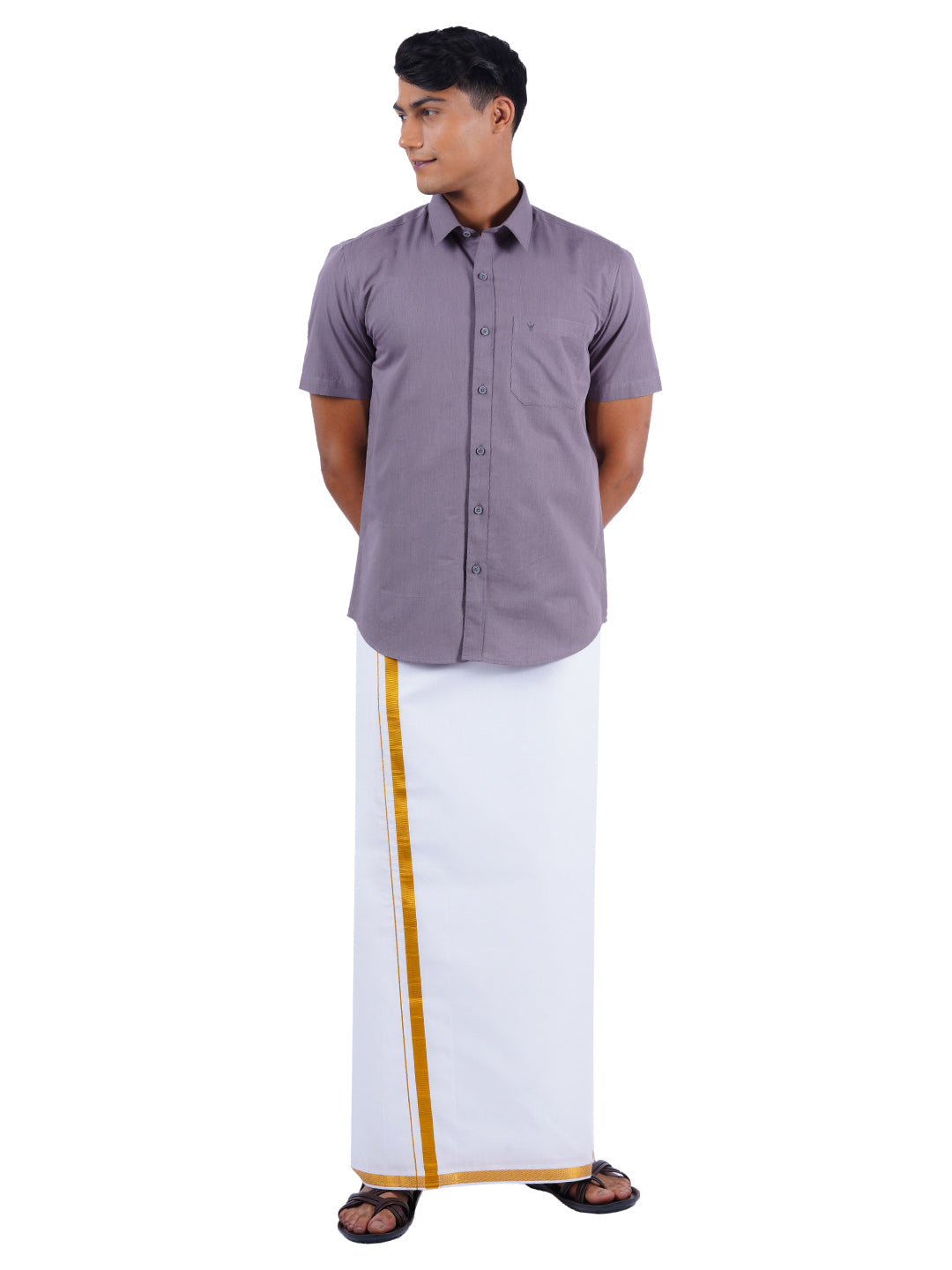 Mens Cotton Half Sleeves Shirt with 1/2'' Gold Jari Dhoti Combo