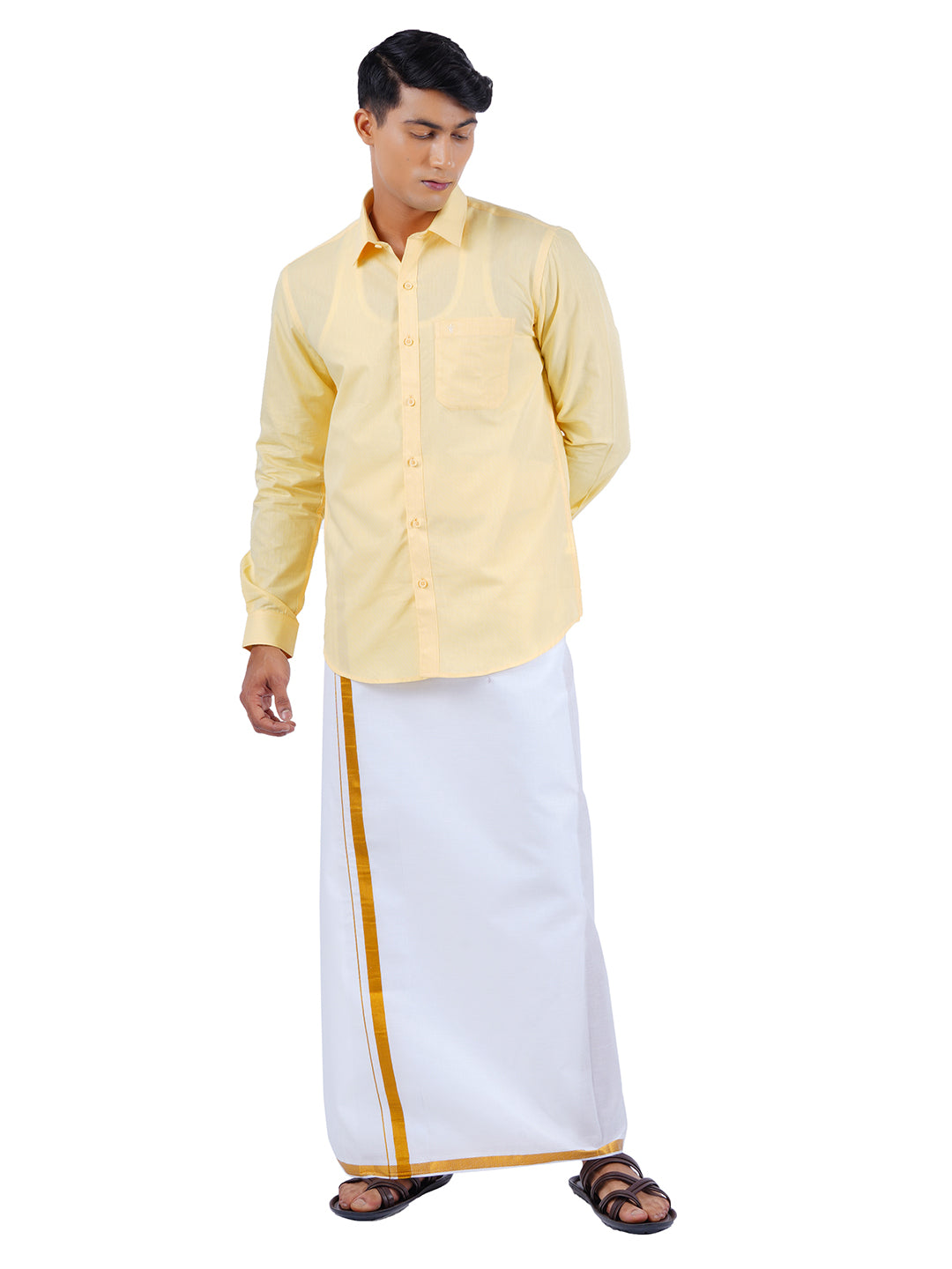 Mens Cotton Full Sleeves Shirt with 1/2'' Gold Jari Dhoti Combo