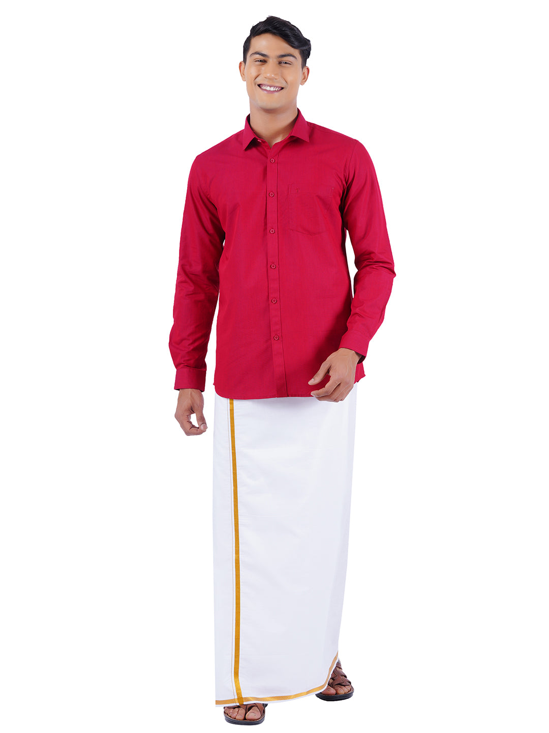 Mens Cotton Full Sleeves Shirt with 1/2'' Gold Jari Dhoti Combo