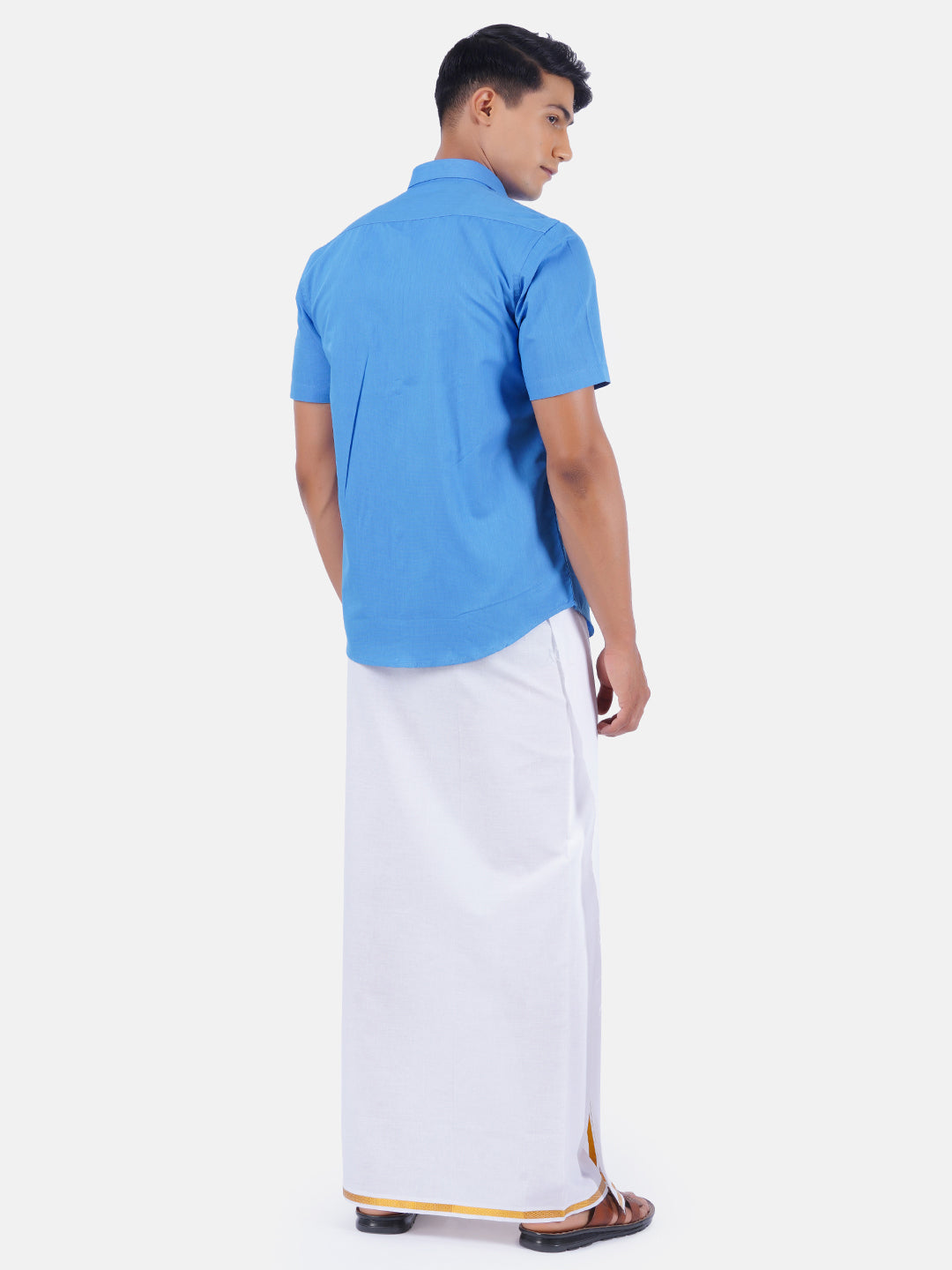 Mens Cotton Half Sleeves Shirt with 1/2'' Gold Jari Dhoti Combo-Backview