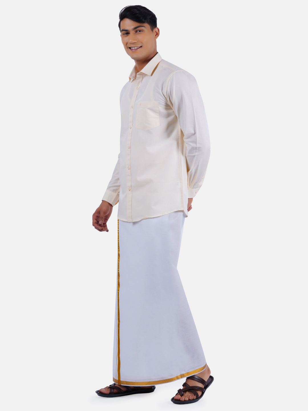 Mens Cotton Full Sleeves Shirt with 3/4'' Gold Jari Dhoti Combo-Side view