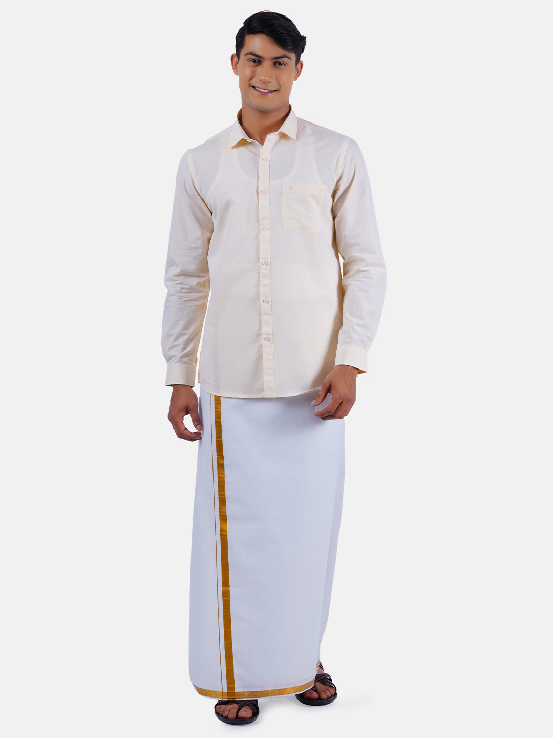 Mens Cotton Full Sleeves Shirt with 3/4'' Gold Jari Dhoti Combo