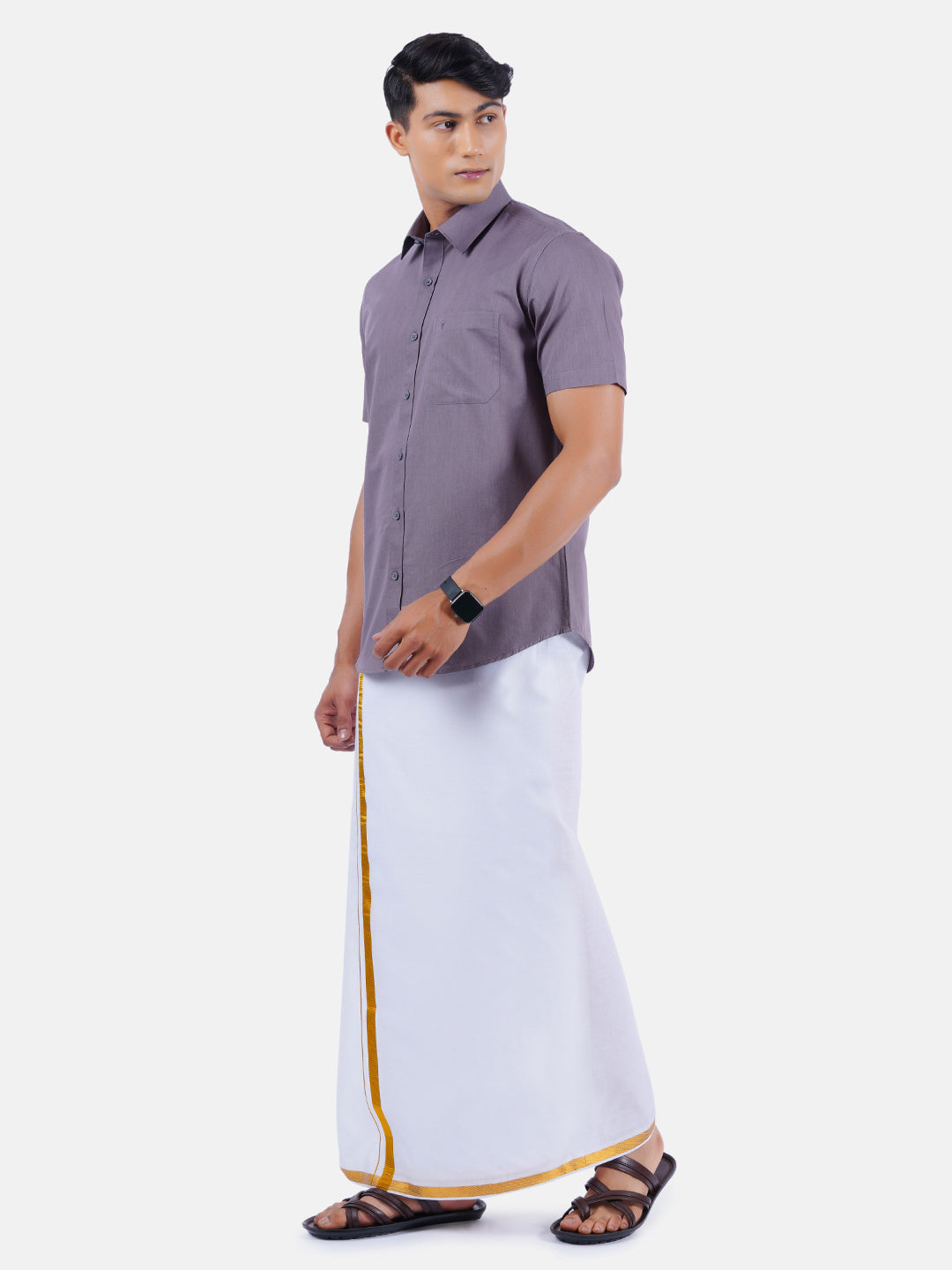 Mens Cotton Half Sleeves Shirt with 3/4'' Gold Jari Dhoti Combo-Side view