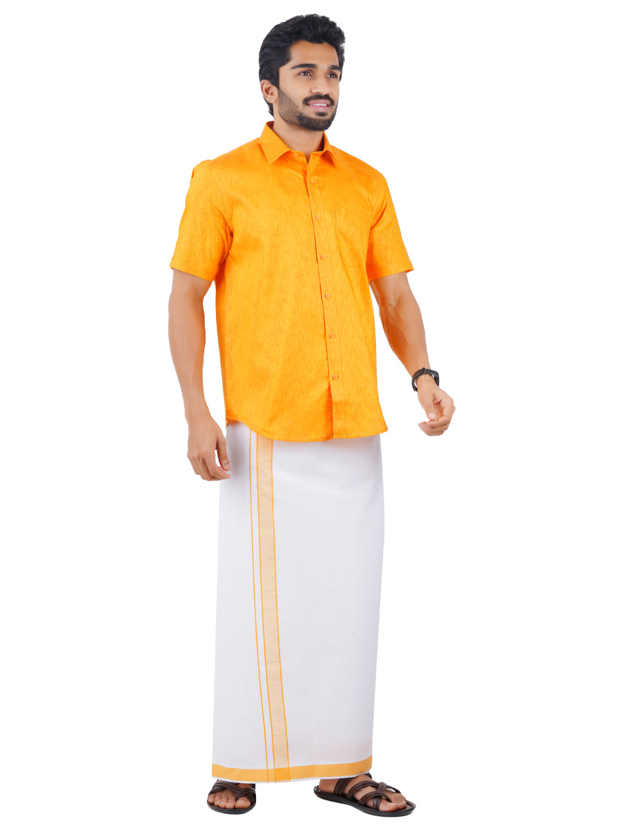 Mens Matching Border Dhoti & Shirt Set Half Yellow C33-Side view