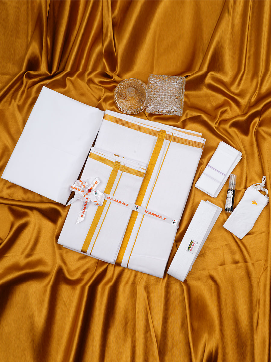 Mens Premium Wedding Cotton White Dhoti with shirt Bit & Towel Set-Full view