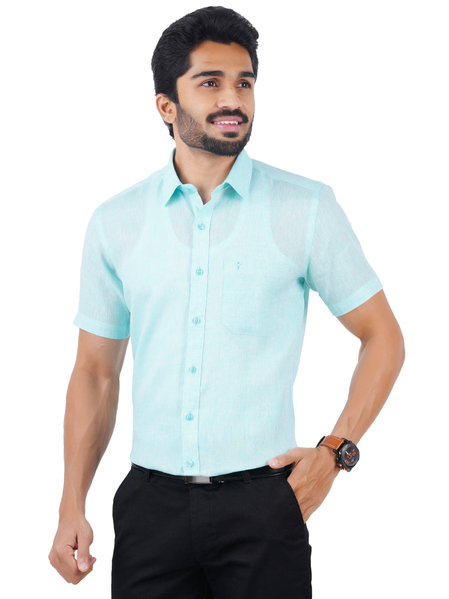 Mens Pure Linen Half Sleeves Shirt Sky Blue-Front view