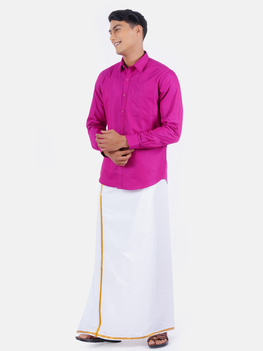 Mens Cotton Color Full Sleeves Shirt with 1/2'' Gold Jari Dhoti Combo-Front view
