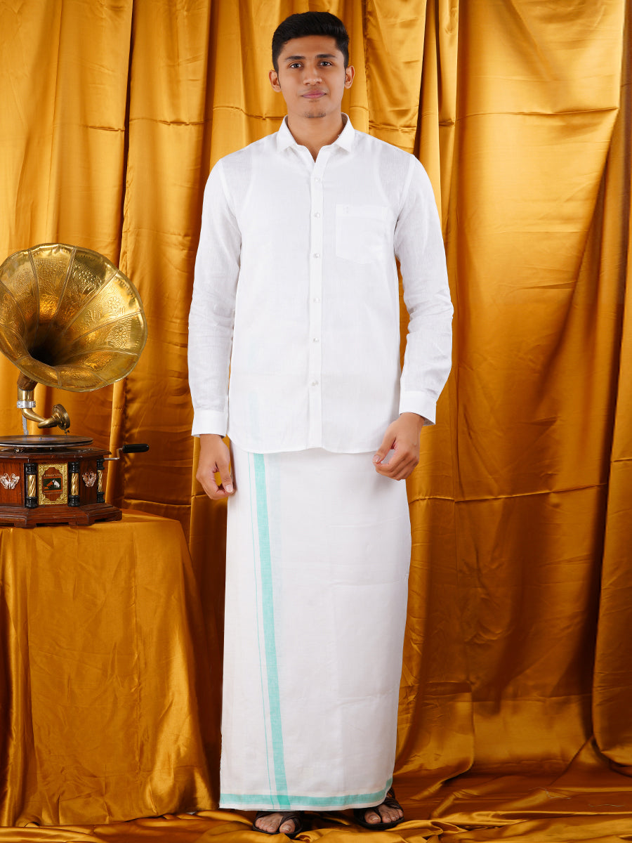 Mens Premium Pure Linen Shirt Full Sleeve with Double Dhoti White 770