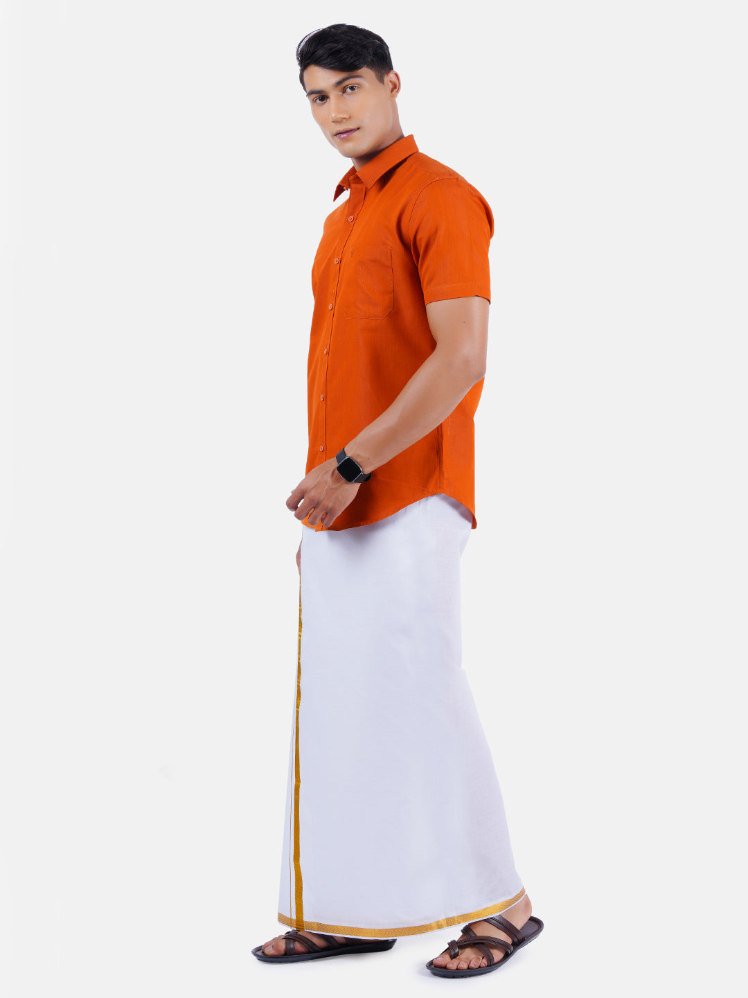 Mens Cotton Colour Half Sleeves Shirt with 3/4'' Gold Jari Dhoti Combo-Side view