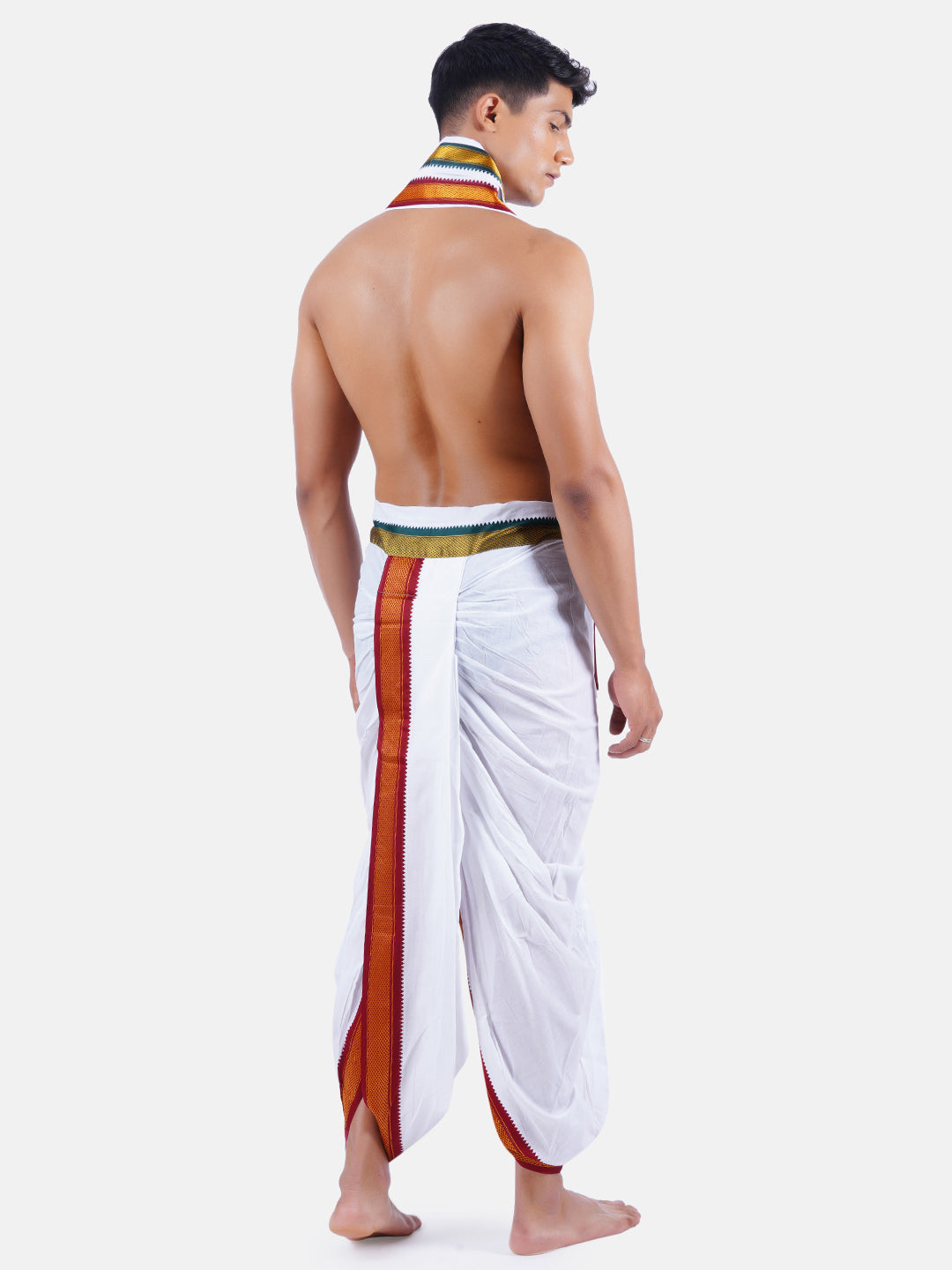 Mens ReadyMade Panchakacham Dhoti/Angavasthram PW110 MyilkhganWhite-Back view