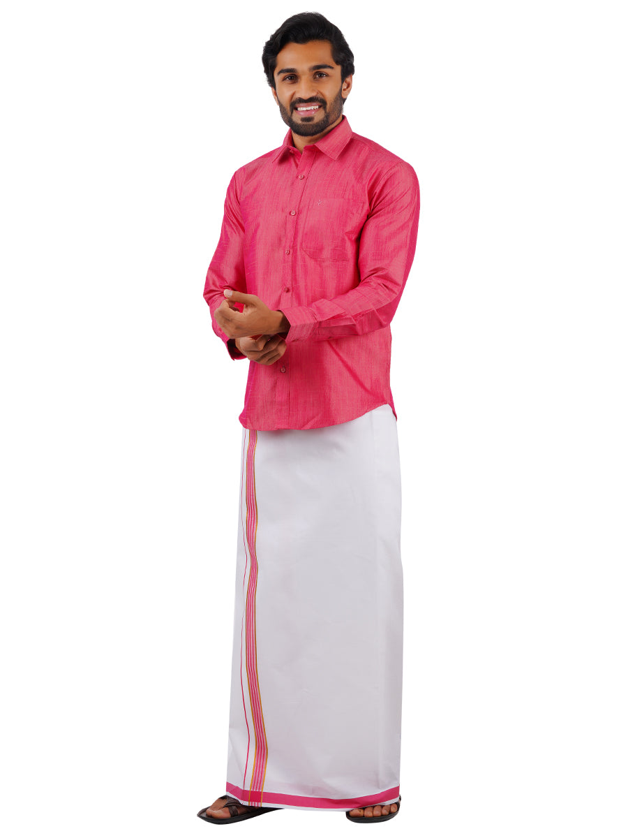 Mens Matching Jari Border Dhoti & Shirt Set Full Pink VB3-Front view