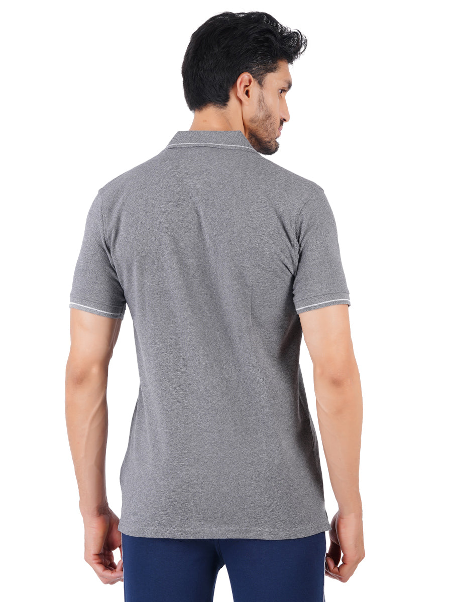 Men's Grey Melange Cotton Blend Half Sleeves Polo T-Shirt-Back view