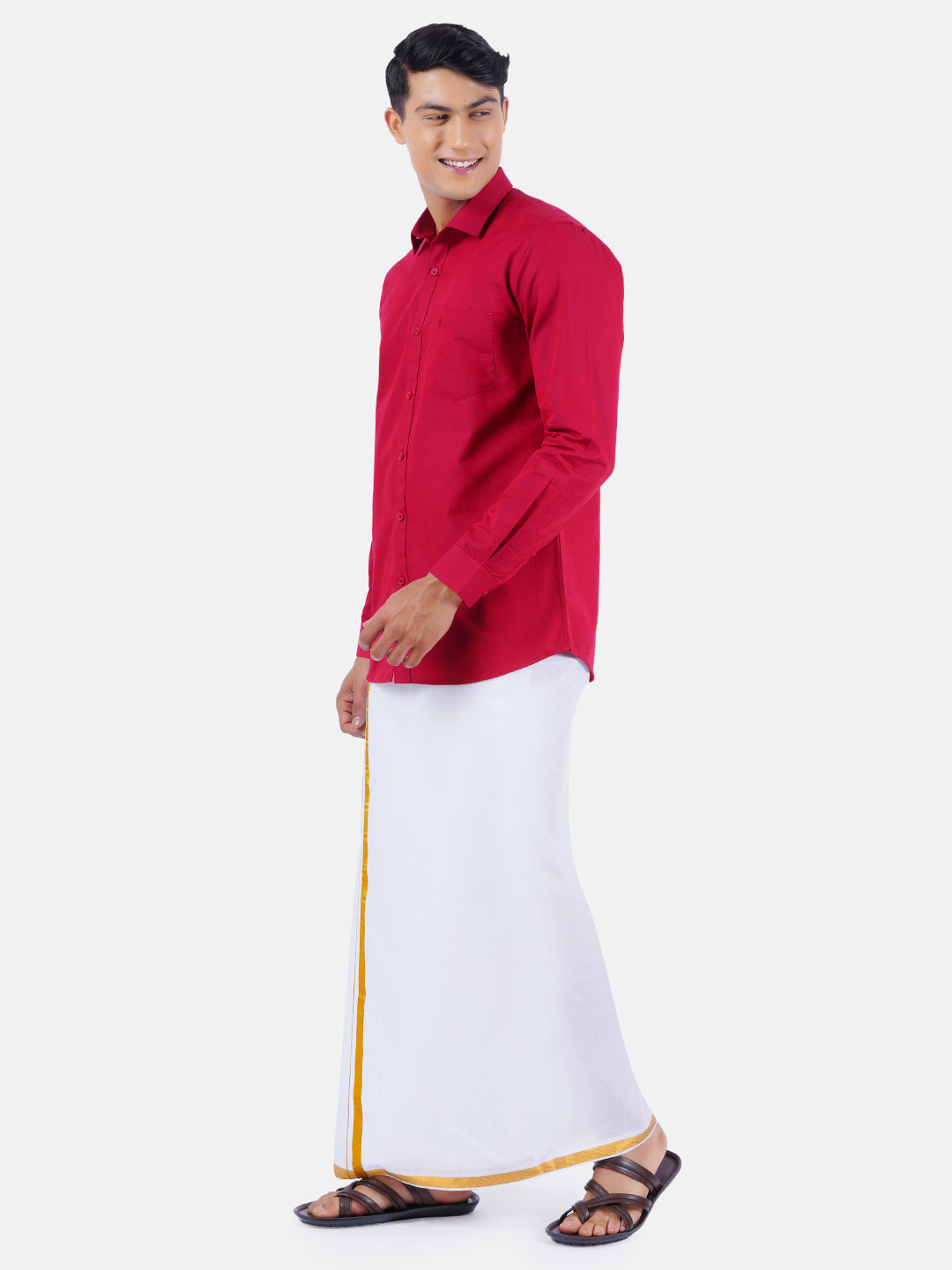 Mens Cotton Full Sleeves Shirt with 3/4'' Gold Jari Dhoti Combo-Side view