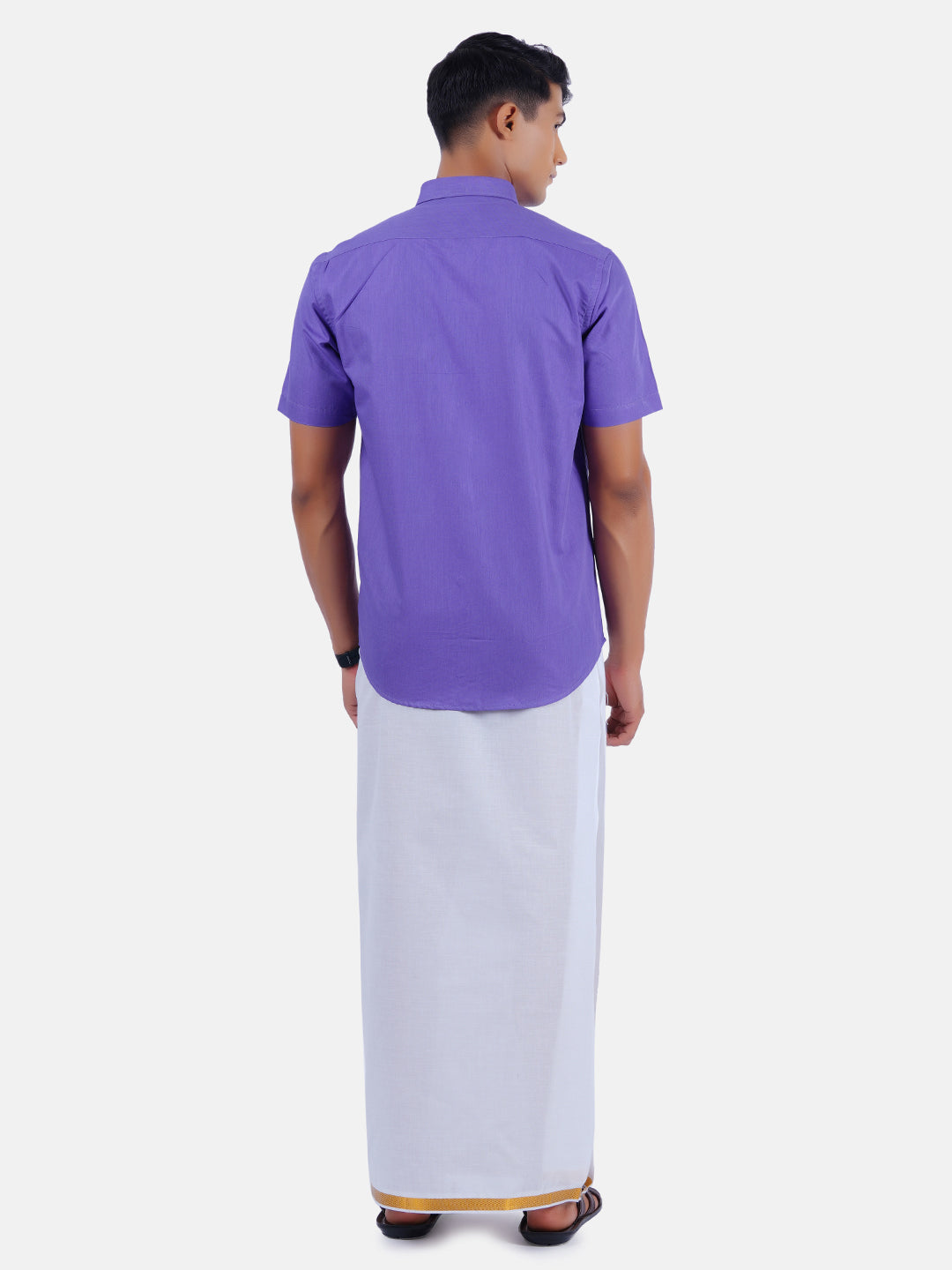 Mens Cotton Half Sleeves Shirt with 3/4'' Gold Jari Dhoti Combo-Back view