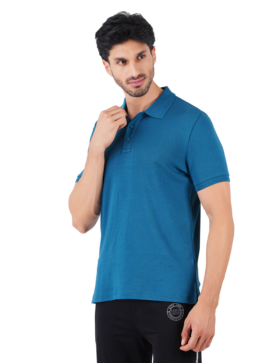 Men's Peacock Blue Super Combed Cotton Half Sleeves Polo T-Shirt-Side view