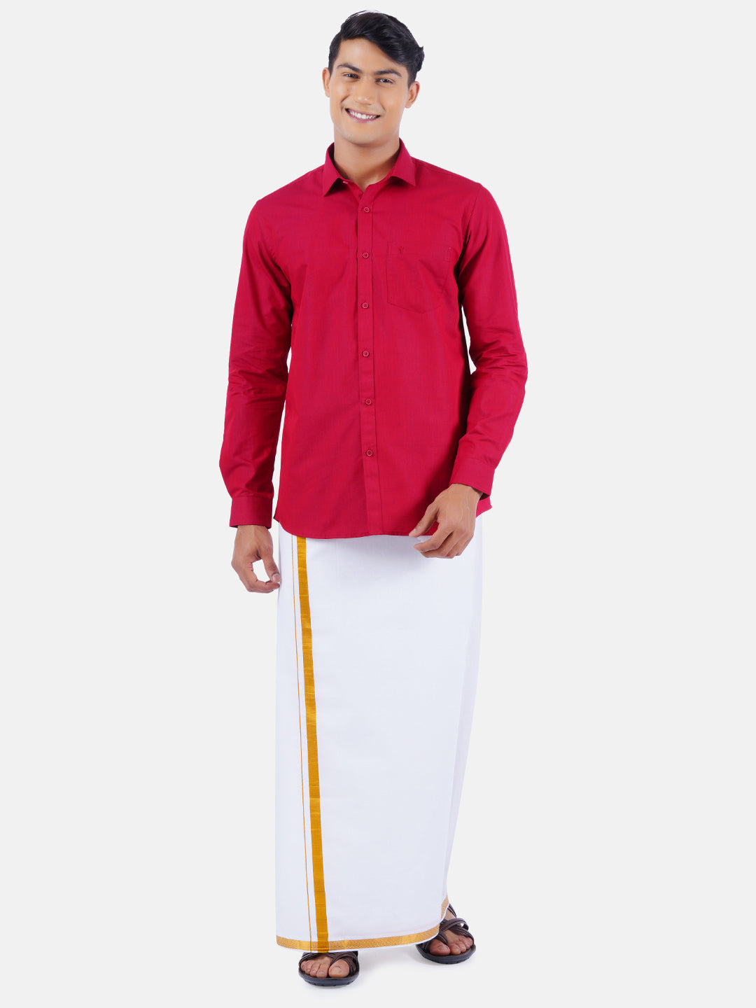 Mens Cotton Full Sleeves Shirt with 3/4'' Gold Jari Dhoti Combo