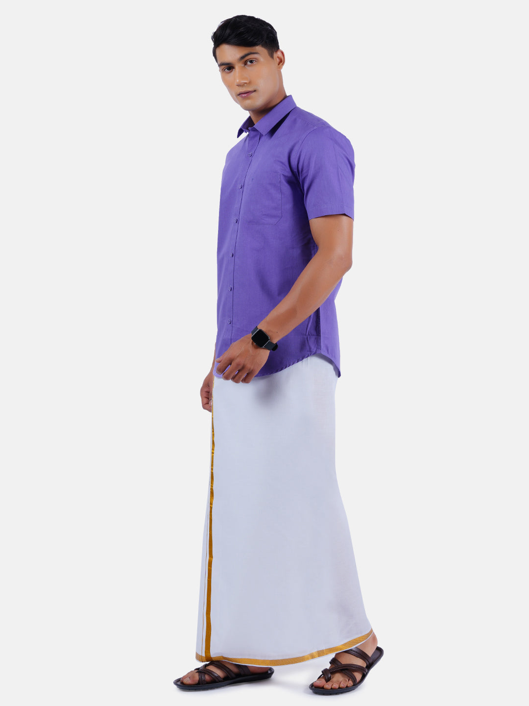 Mens Cotton Half Sleeves Shirt with 3/4'' Gold Jari Dhoti Combo-Sdie view