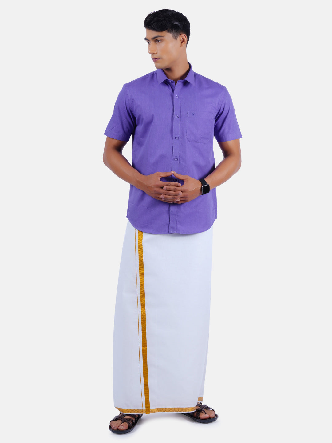 Mens Cotton Half Sleeves Shirt with 3/4'' Gold Jari Dhoti Combo