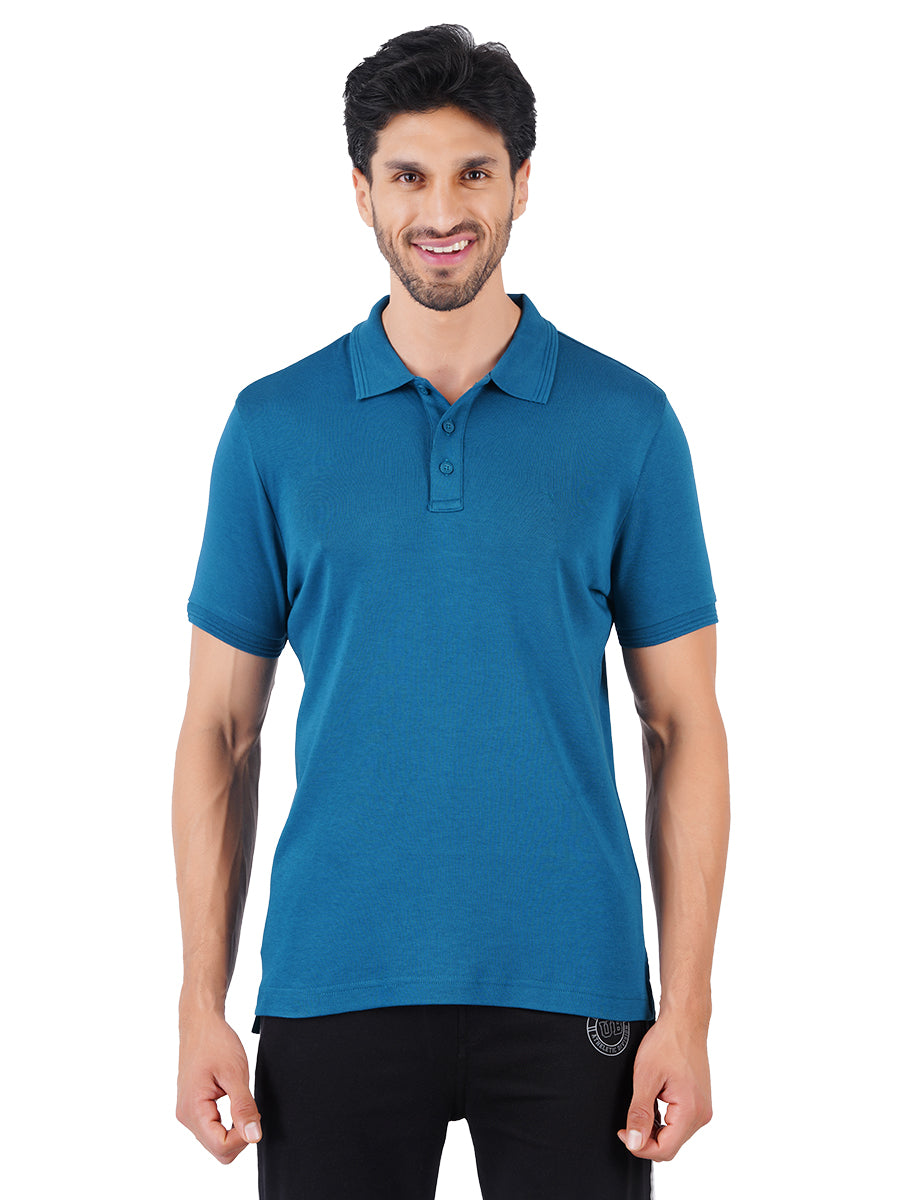 Men's Peacock Blue Super Combed Cotton Half Sleeves Polo T-Shirt