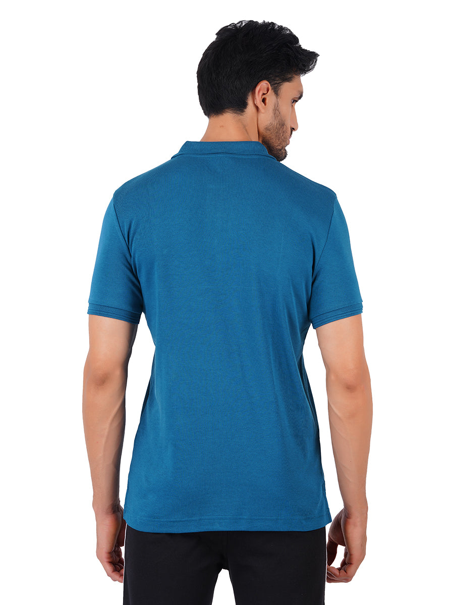 Men's Peacock Blue Super Combed Cotton Half Sleeves Polo T-Shirt-Back view