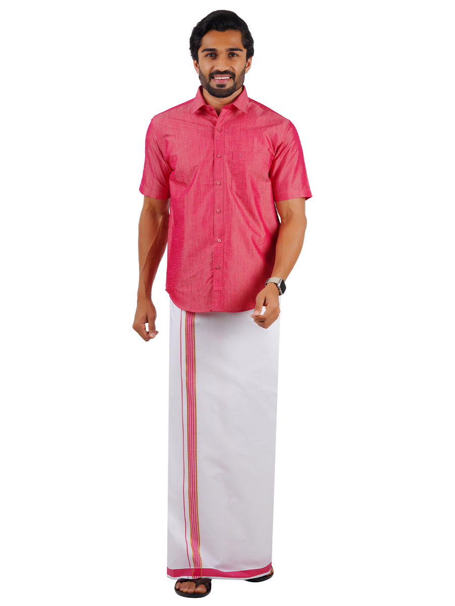 Mens Matching Jari Border Dhoti & Shirt Set Half Pink VB3