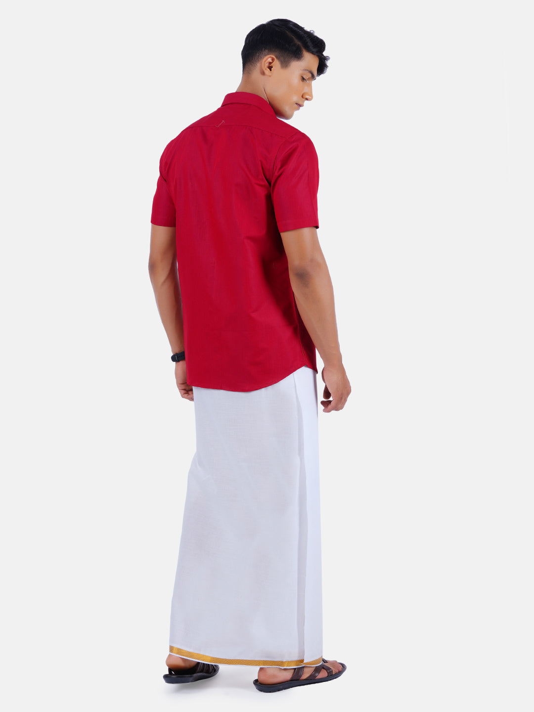 Mens Cotton Half Sleeves Shirt with 3/4'' Gold Jari Dhoti Combo-Back view