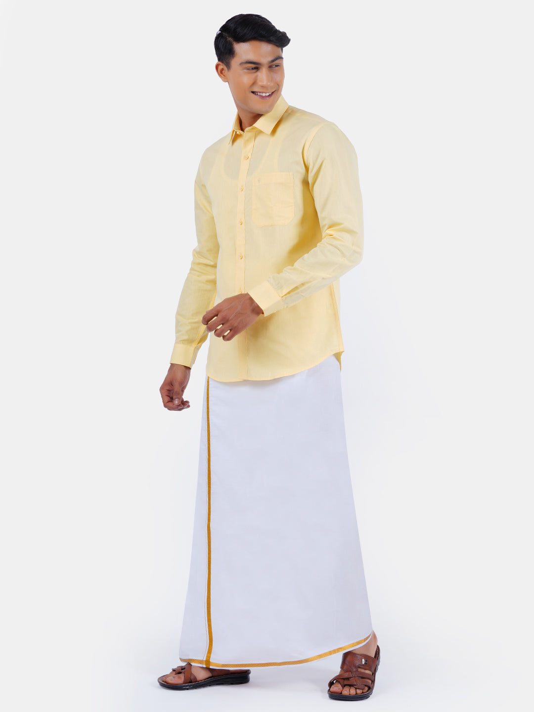 Mens Cotton Full Sleeves Shirt with 1/2'' Gold Jari Dhoti Combo-Side view