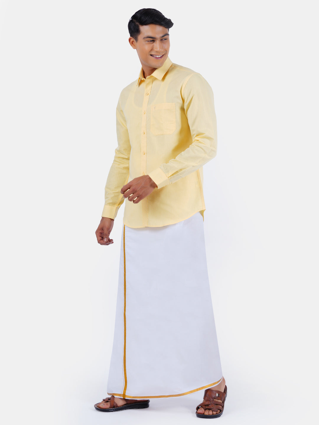 Mens Cotton Color Full Sleeves Shirt with 1/2'' Gold Jari Dhoti Combo-Side view