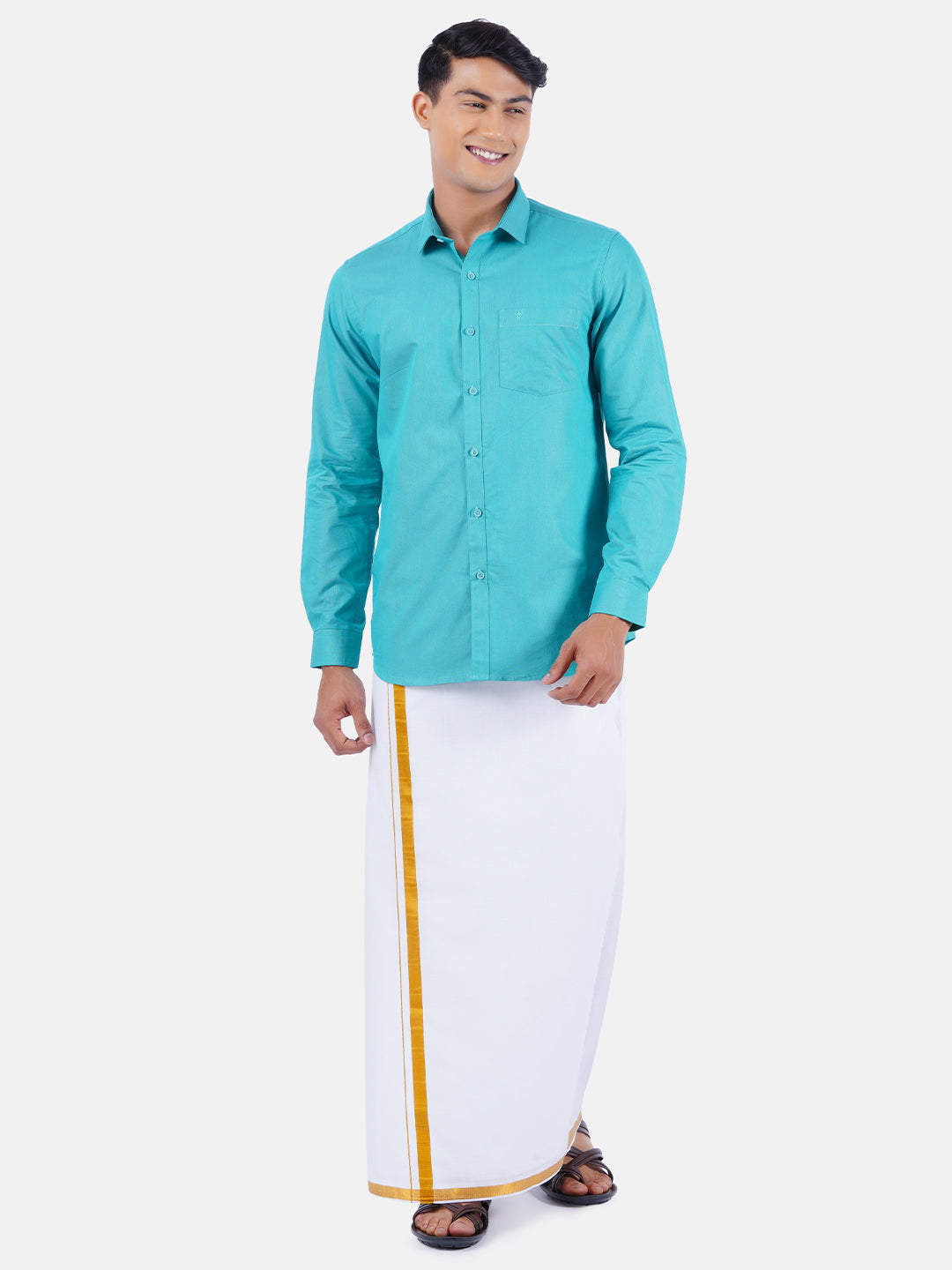 Mens Cotton Full Sleeves Shirt with 3/4'' Gold Jari Dhoti Combo