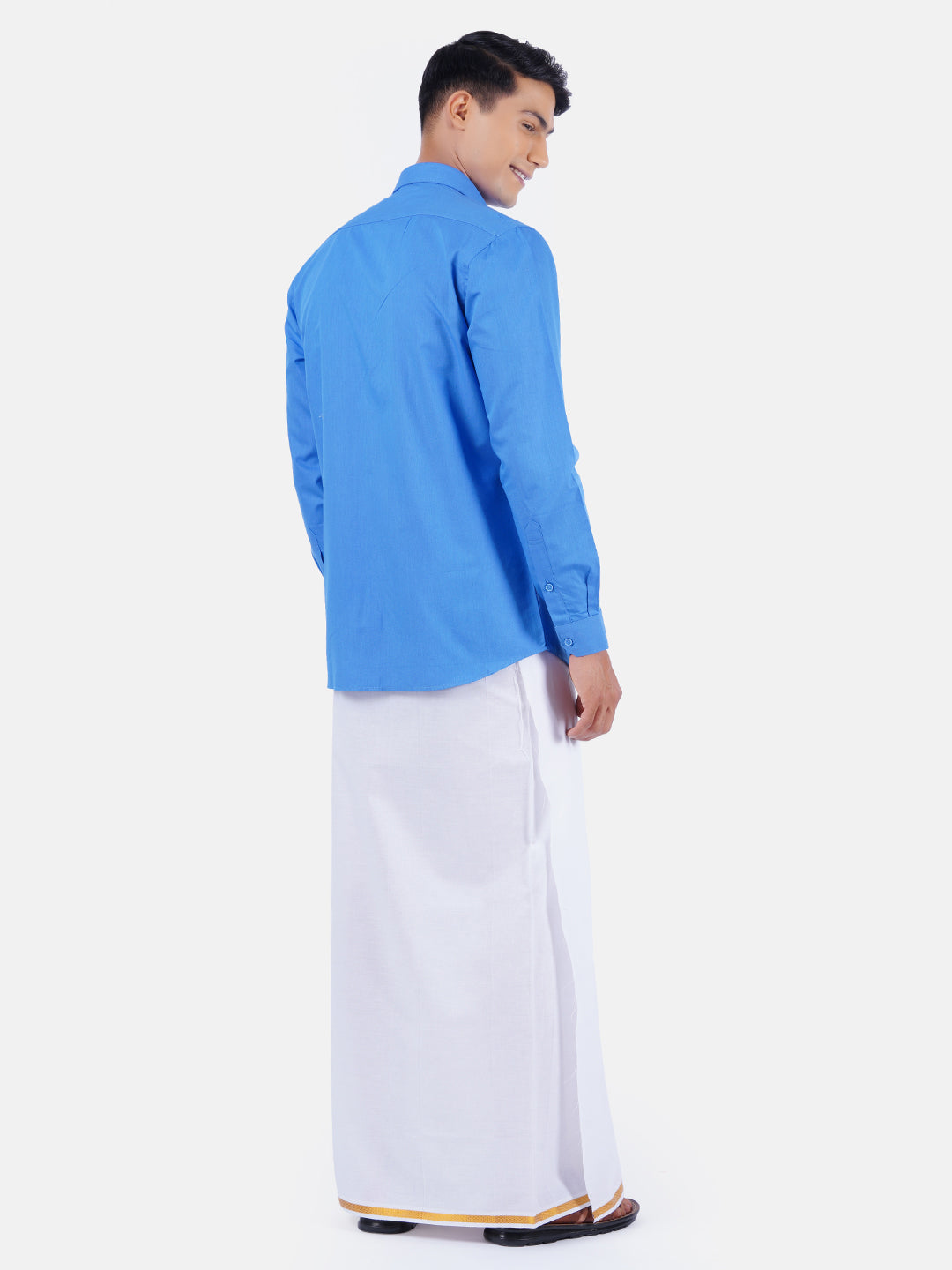 Mens Cotton Full Sleeves Shirt with 1/2'' Gold Jari Dhoti Combo-Back view