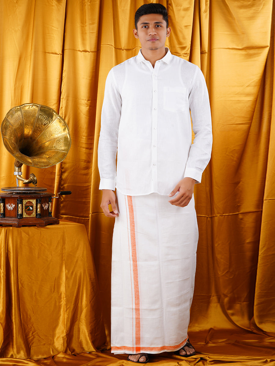 Mens Premium Pure Linen Shirt Full Sleeve with Double Dhoti White 770-Ful view