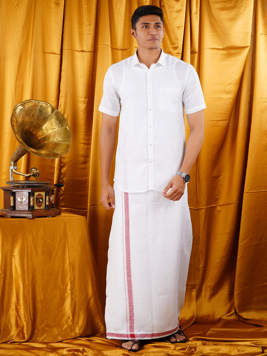 Mens Premium Pure Linen Shirt Half Sleeve with Double Dhoti White 770-Frront view