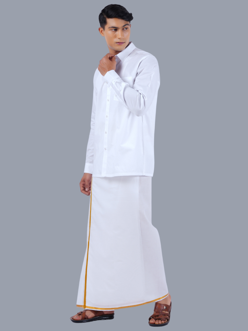Mens Royal Cotton White Full Sleeves Shirt with 3/4'' Gold Jari Double Dhoti Combo-Side view