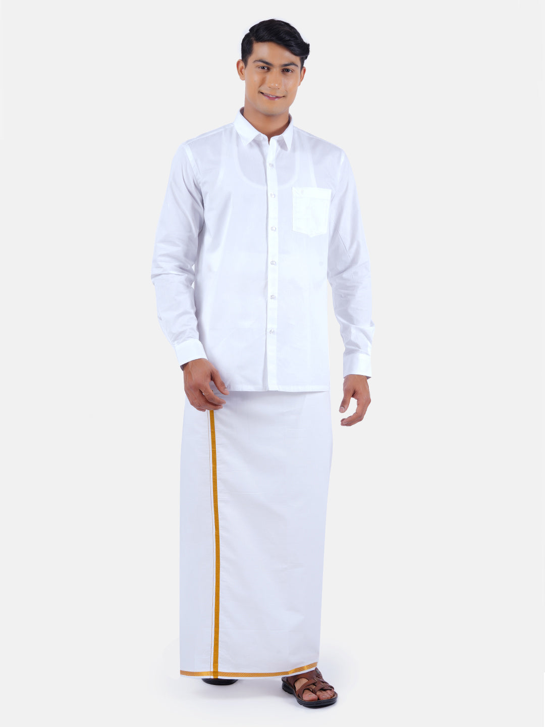 Mens White Dhoti with Gold Jari Border 1/2" Paras(2 PCs Pack)-Full view