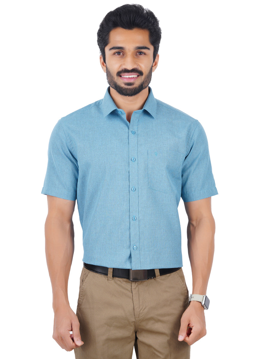 Mens Cotton Blended Formal Shirt Half Sleeves Dark Sky Blue T12 CK3-Front view