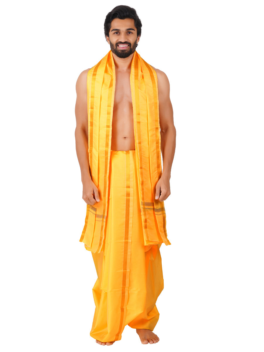 Mens Art Silk Panchakacham with Angavastram Sankaranthi Gold 50K (9+5) Mango