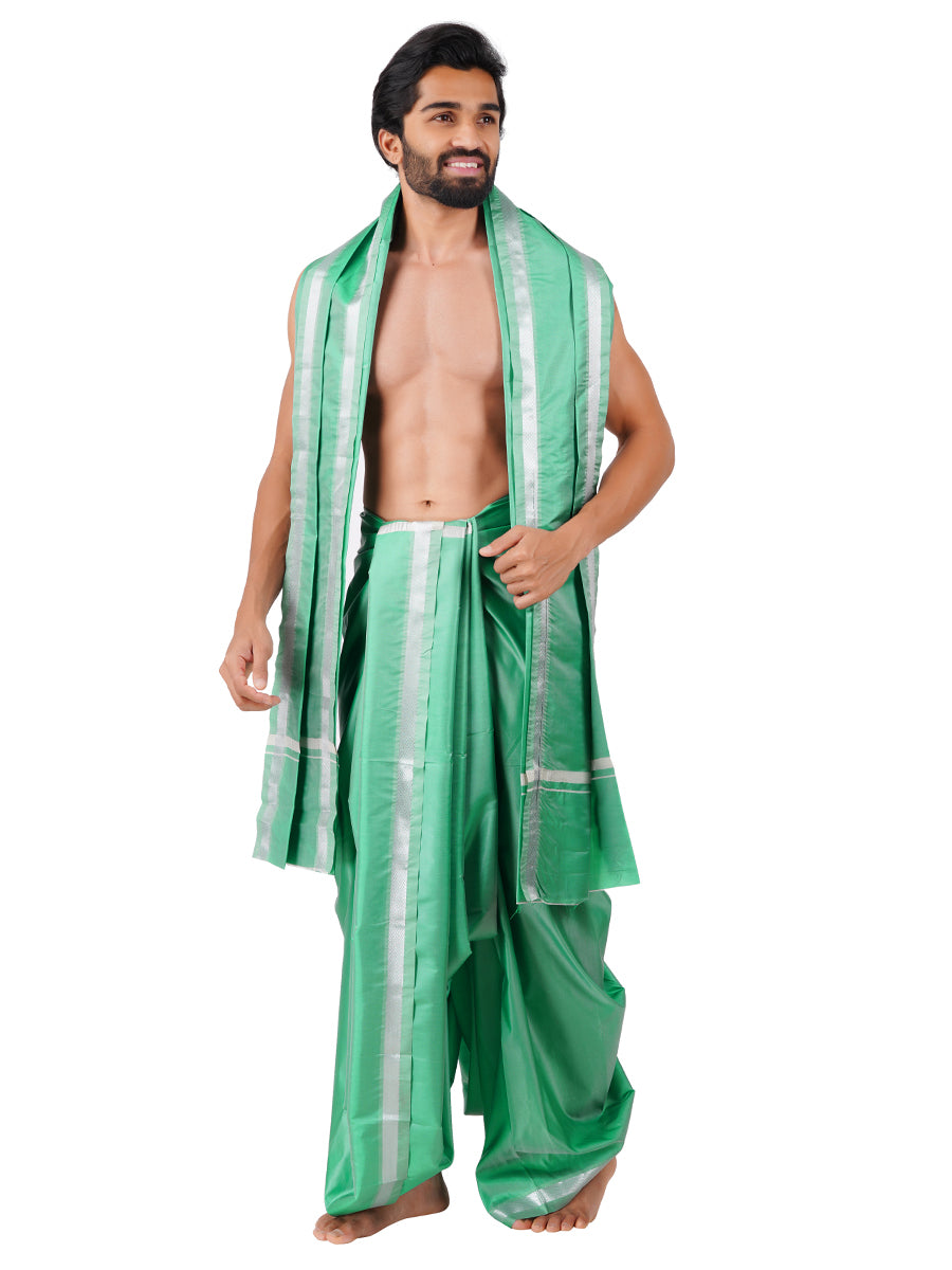 Mens Art Silk Panchakacham with Angavastram Sankaranthi Silver 50K (9+5) L.Green-Front view